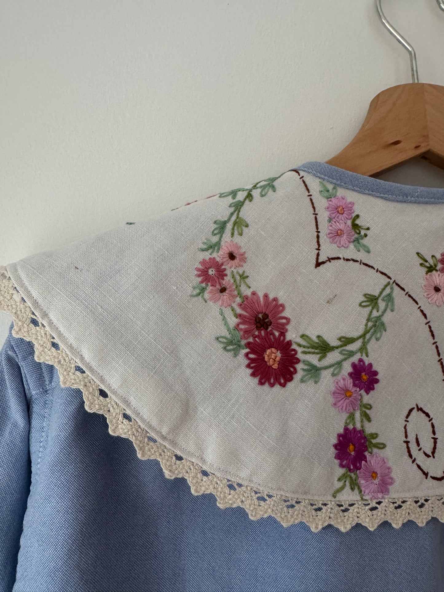 Vintage tablecloth oversized collar on upcycled shirt