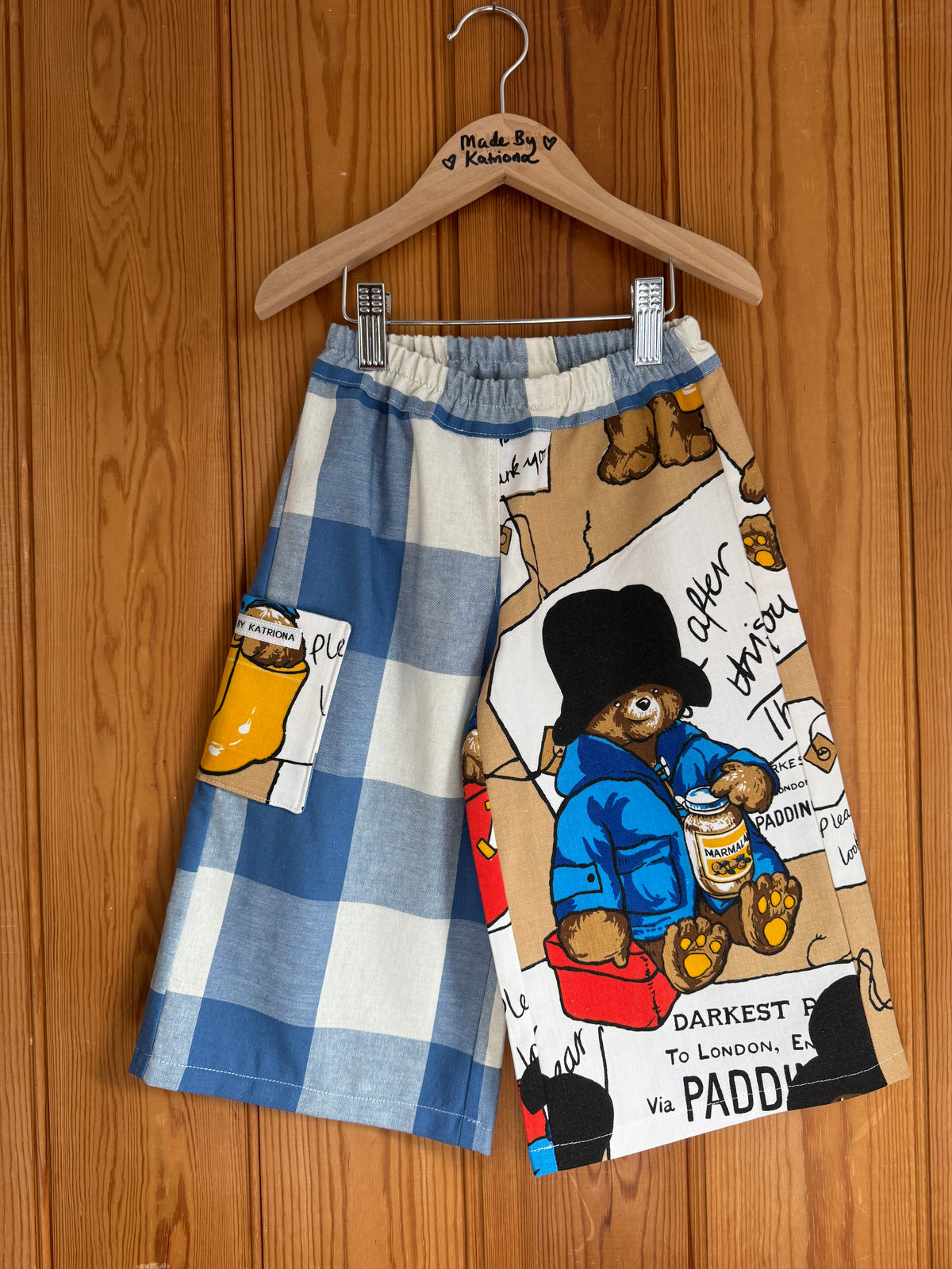 1970s Paddington Bear fabric/large blue gingham wide leg pants 2-3 years