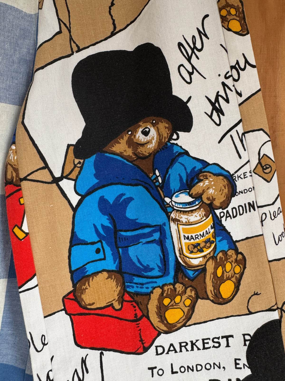 1970s Paddington Bear fabric/large blue gingham wide leg pants 2-3 years