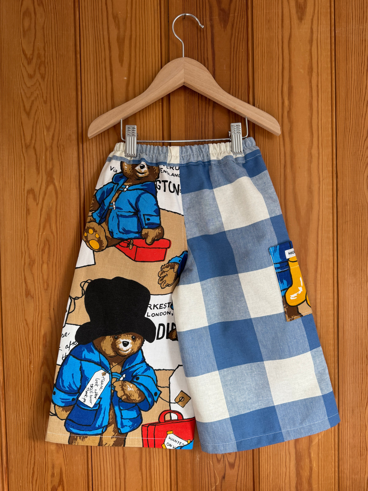 1970s Paddington Bear fabric/large blue gingham wide leg pants 2-3 years