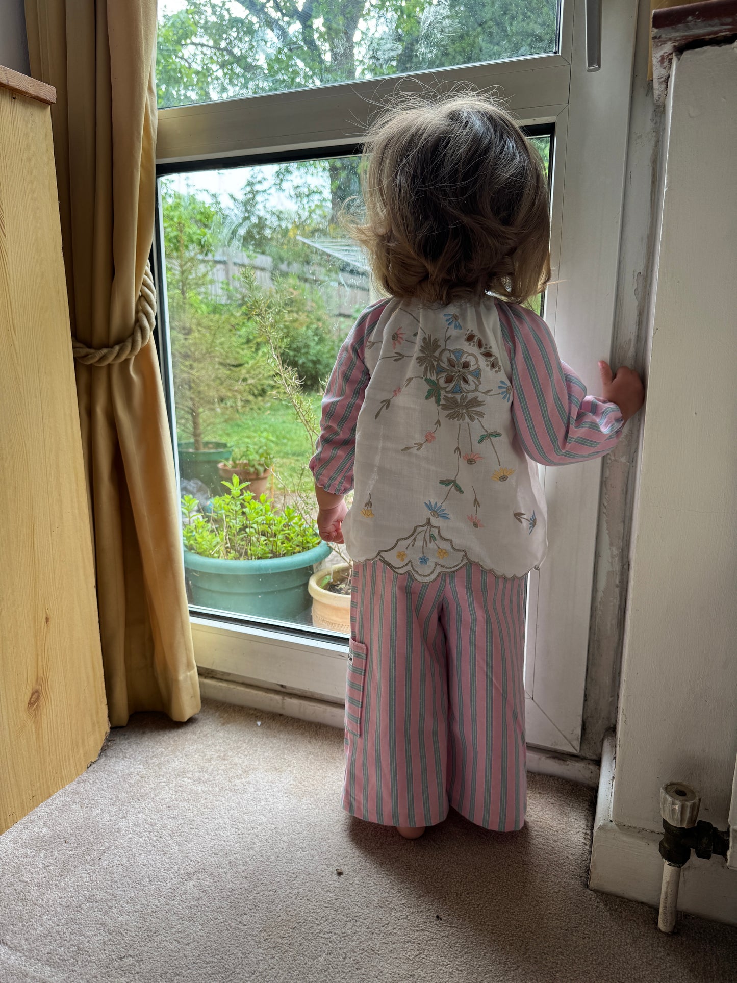 Pink striped balloon sleeve top & wide leg pant set 1-2 years