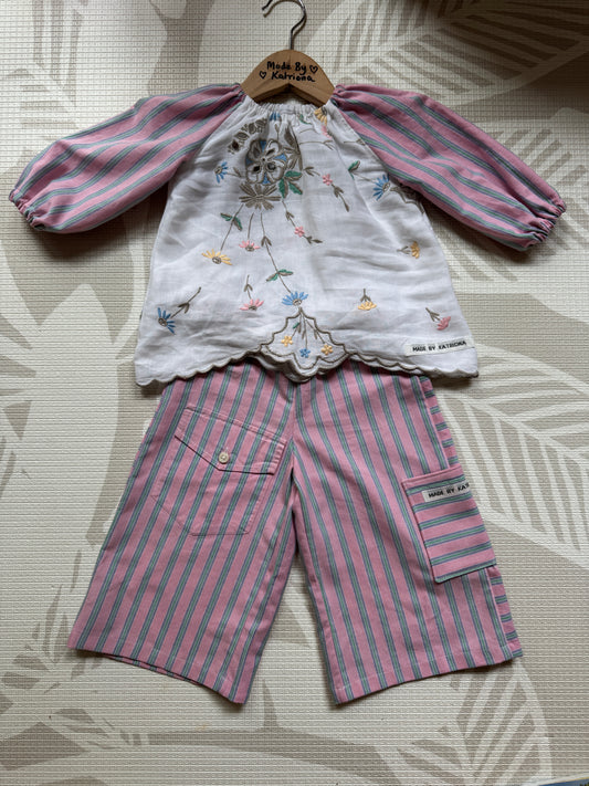 Pink striped balloon sleeve top & wide leg pant set 1-2 years