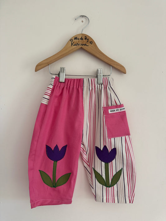 Pink & striped barrel leg pants 12-18 months with tulips