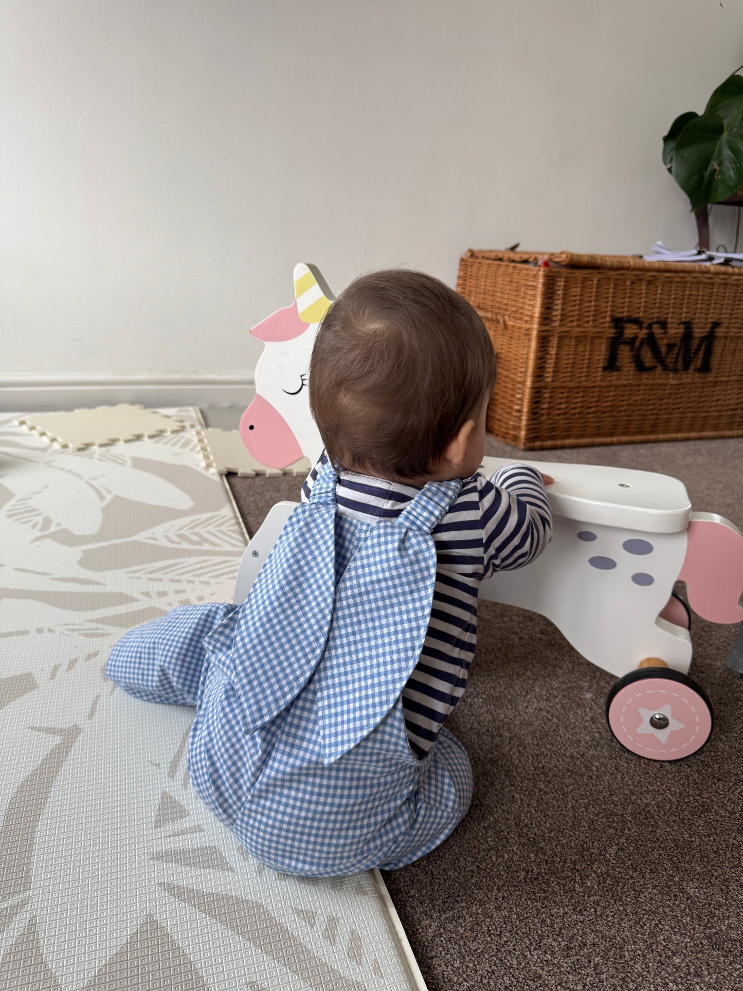 Sky blue gingham bunny dungarees