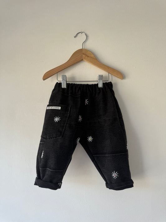 Black Denim Embroidered Barrel Leg Pants 1-2 years