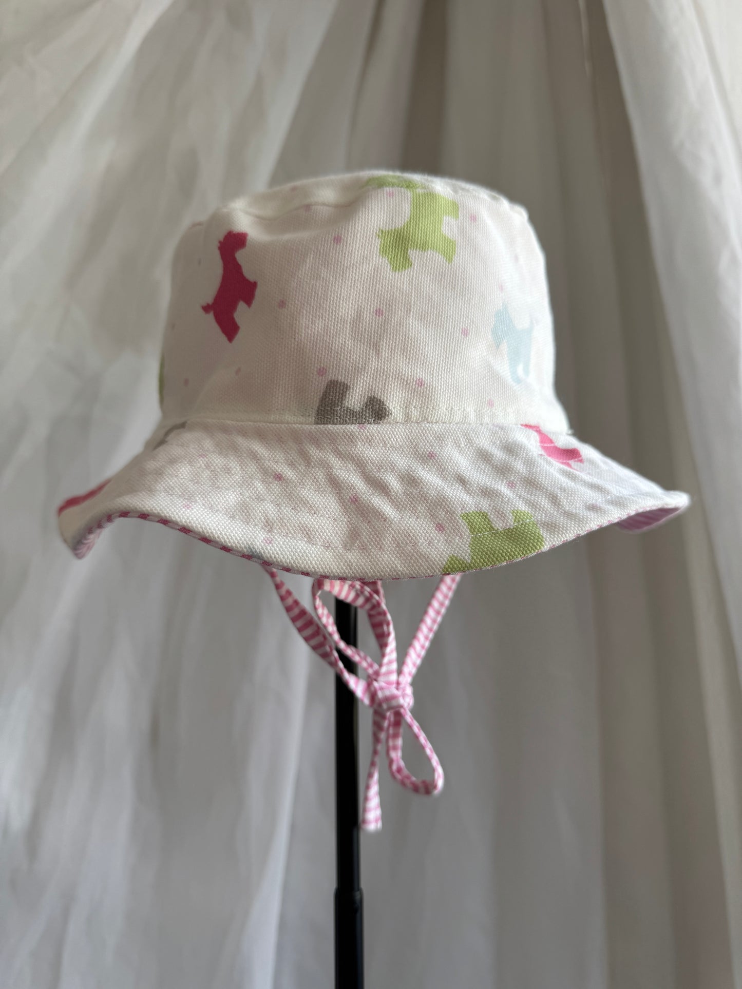 Pastel Dog Print & Pink Striped Seersucker Reversible Bucket Hat