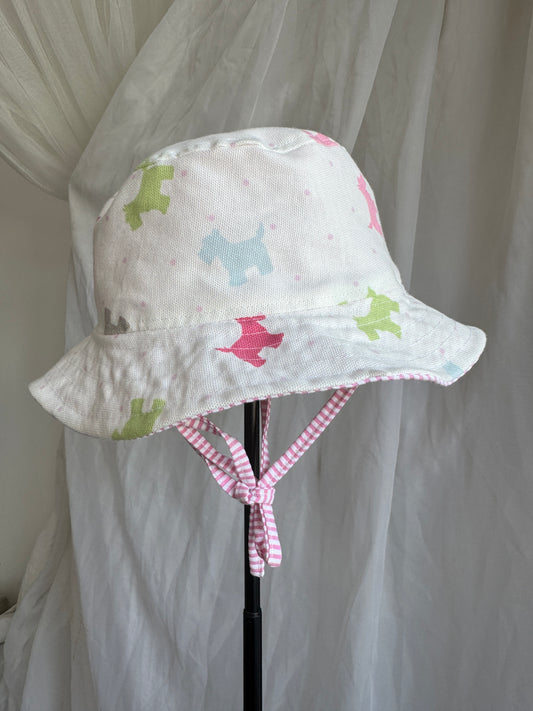 Pastel Dog Print & Pink Striped Seersucker Reversible Bucket Hat
